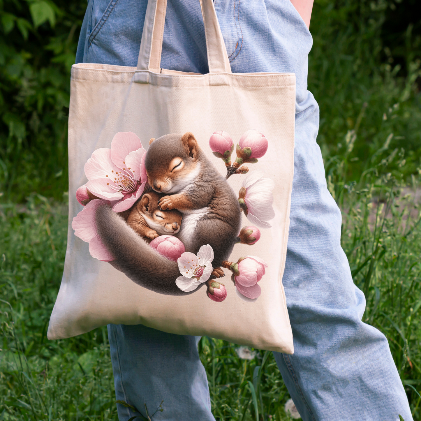 Cute Floral Squirrel Baby Canvas Tote Bag