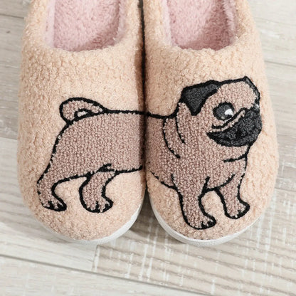 Cute Pug Dog Cotton Slippers Indoor Slip Warm Indoor Slippers Gift Preferred Men Women Can Wear Non-Slip Furry Cotton