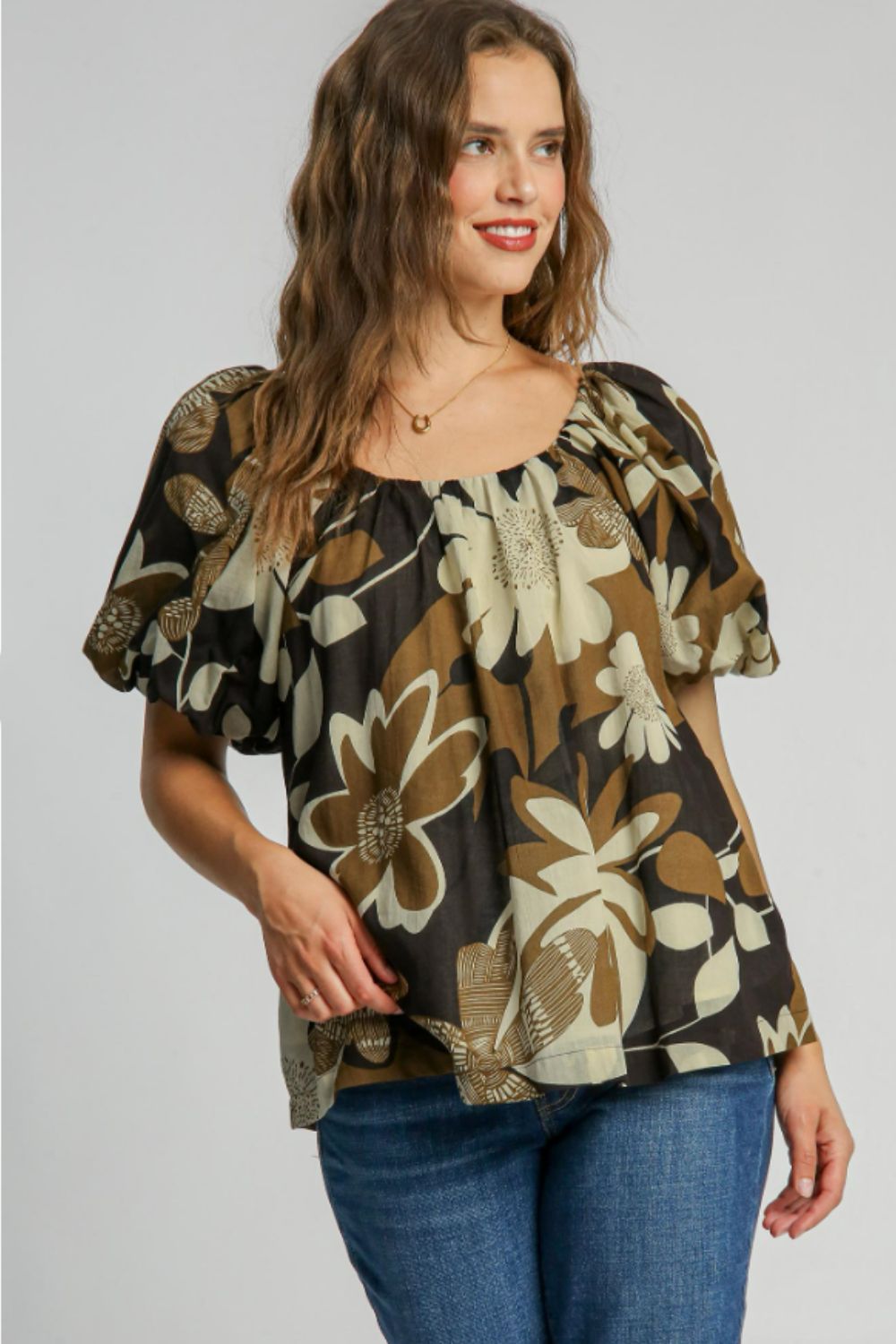 Print Round Neck Puff Sleeve Top - Eclectage