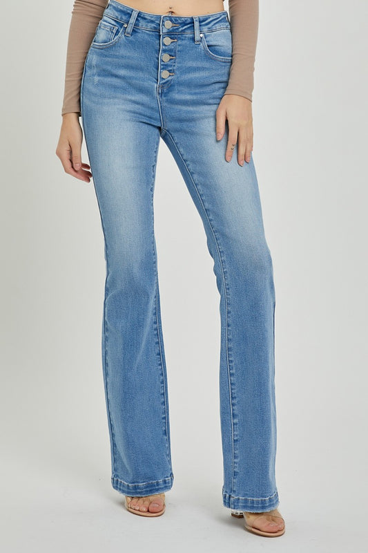 Lt Blue Button Fly Bootcut Jeans - Eclectage