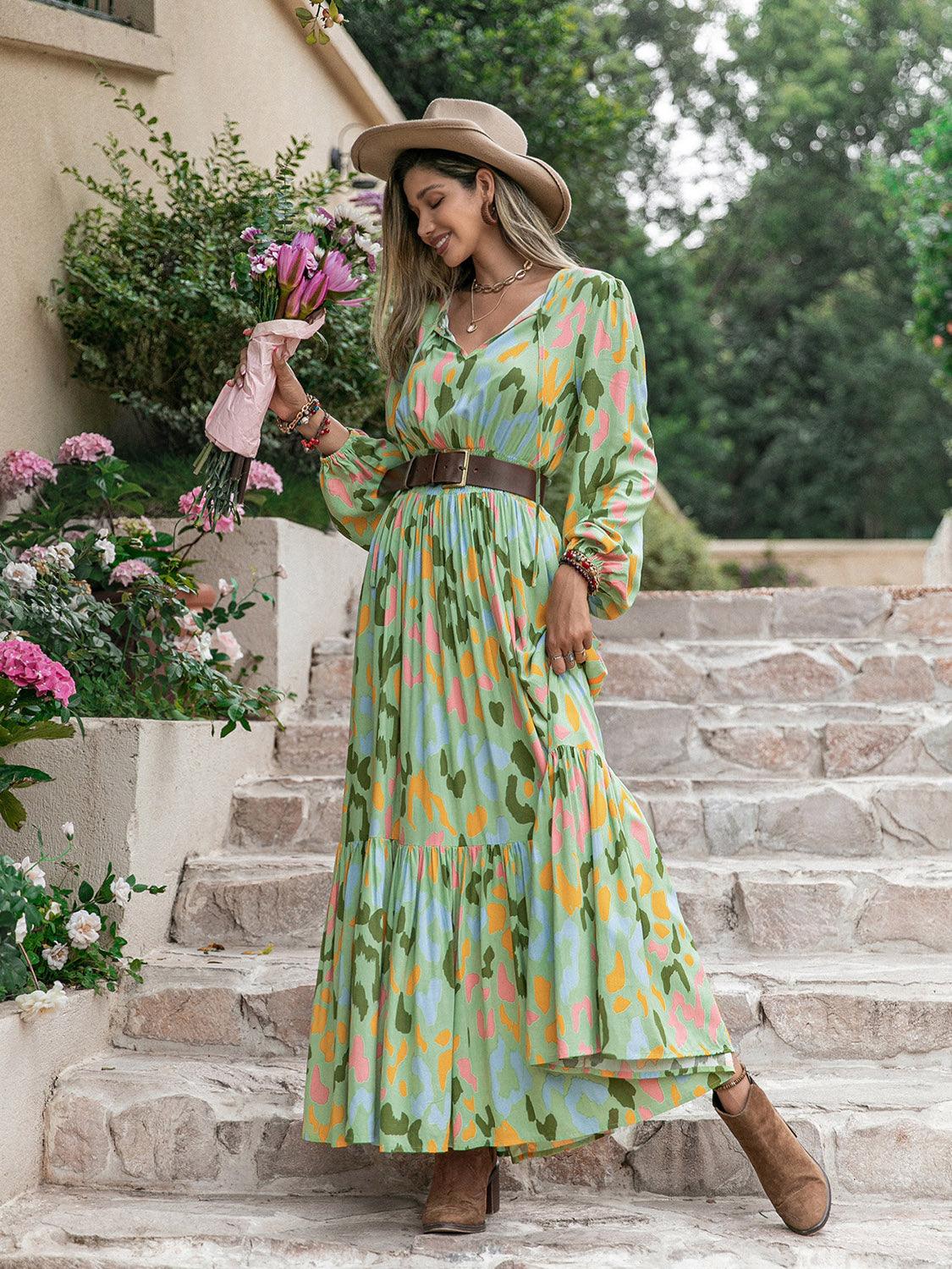 Green Printed Tie Neck Long Sleeve Maxi Dress - Eclectage