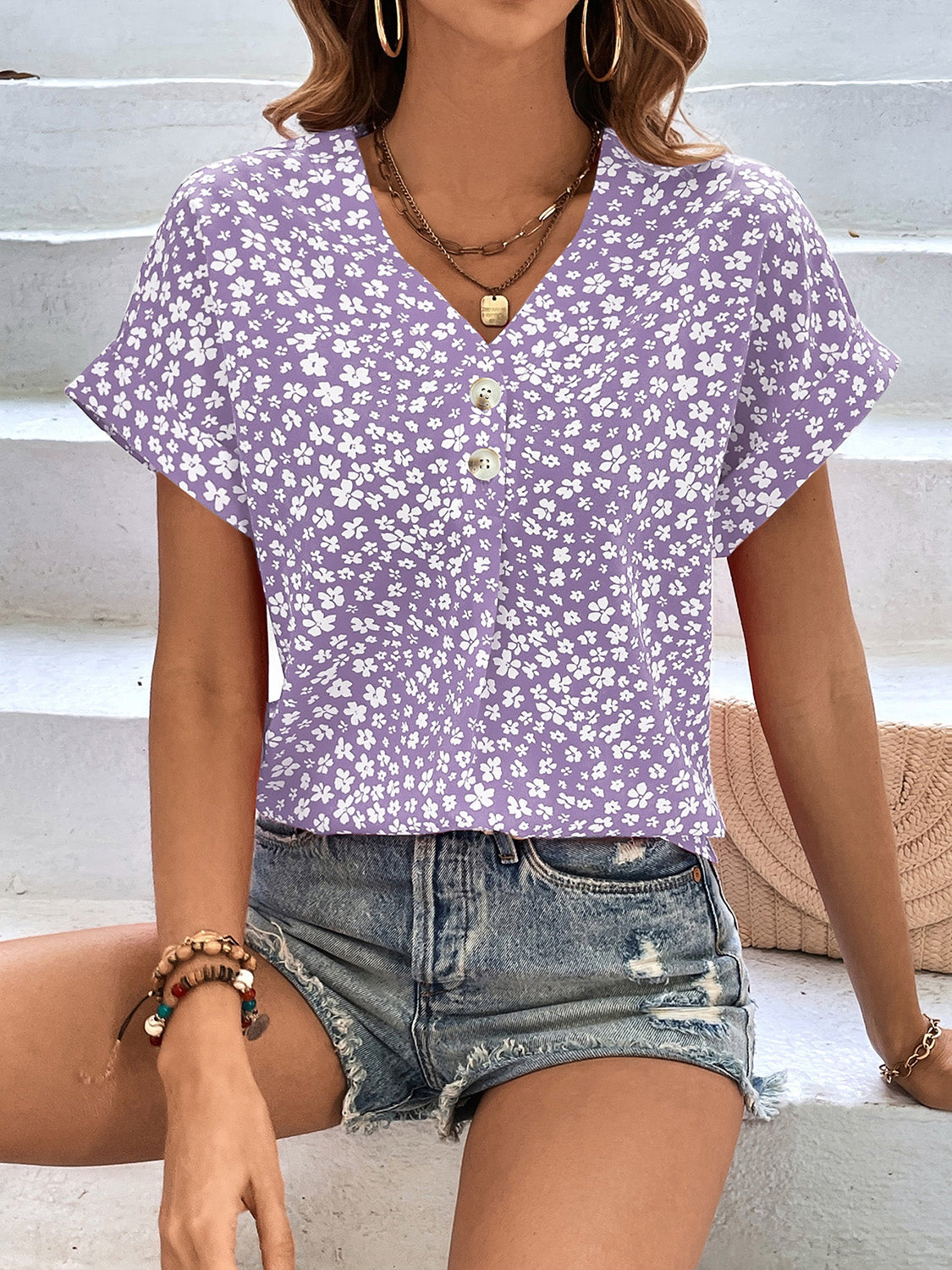 Floral V-Neck Short Sleeve Blouse - Eclectage