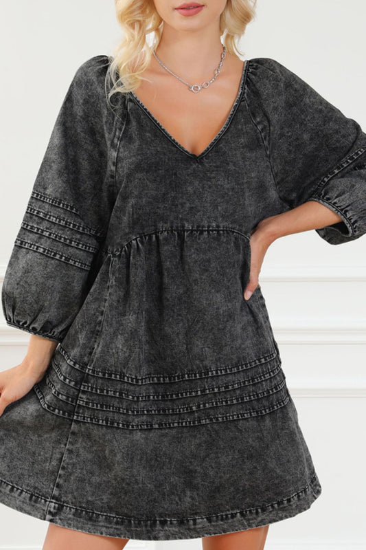 V-Neck Three Quarter Sleeve Denim Dress - Eclectage