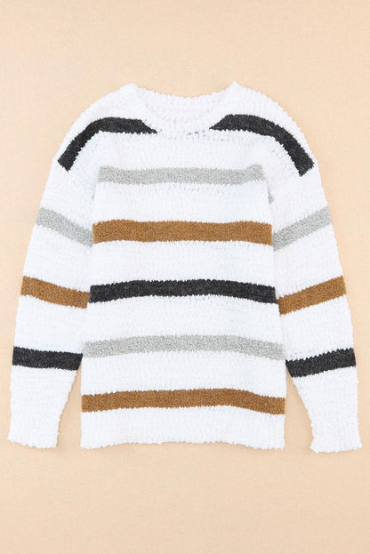 Striped Round Neck Dropped Shoulder Sweater - Eclectage