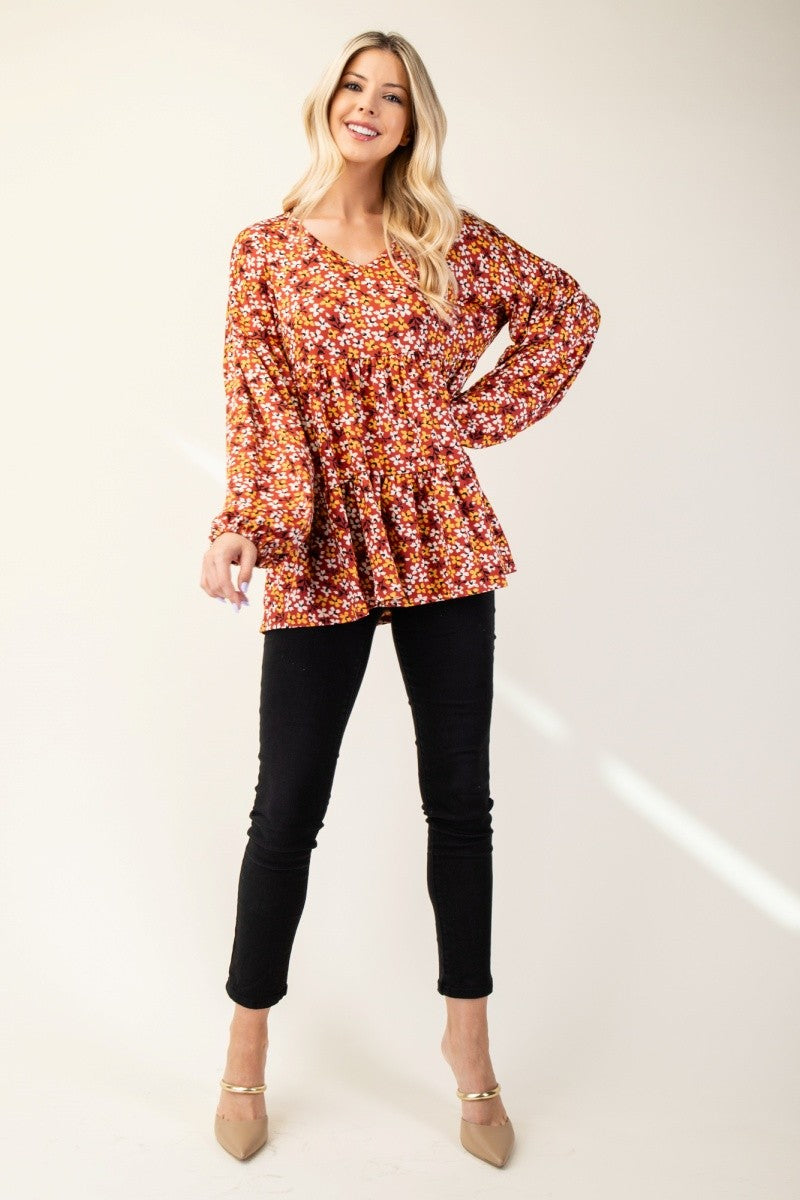 Rust Floral V-Neck Balloon Sleeve Blouse - Eclectage