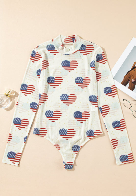 US Flag Heart Mock Neck Long Sleeve Bodysuit - Eclectage