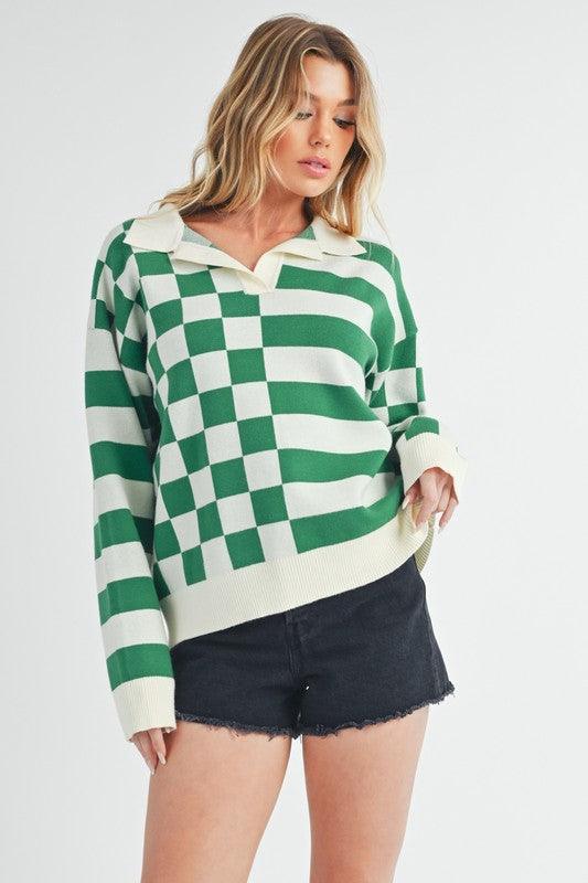 Green Striped & Checkered Drop Shoulder Sweater - Eclectage