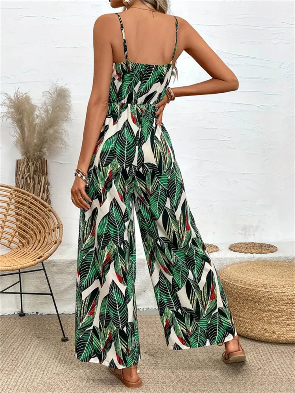 Tropical Print Spaghetti Strap Wide Leg Jumpsuit - Eclectage