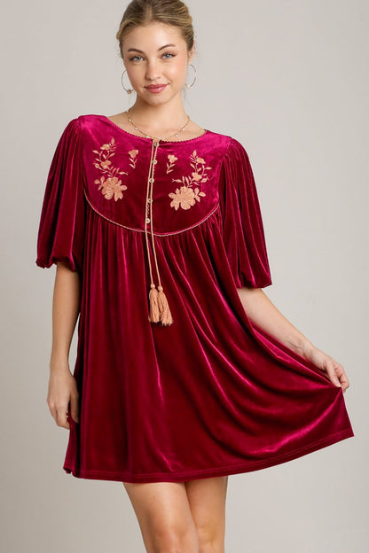 Embroidered Velvet Mini Dress with Tassel