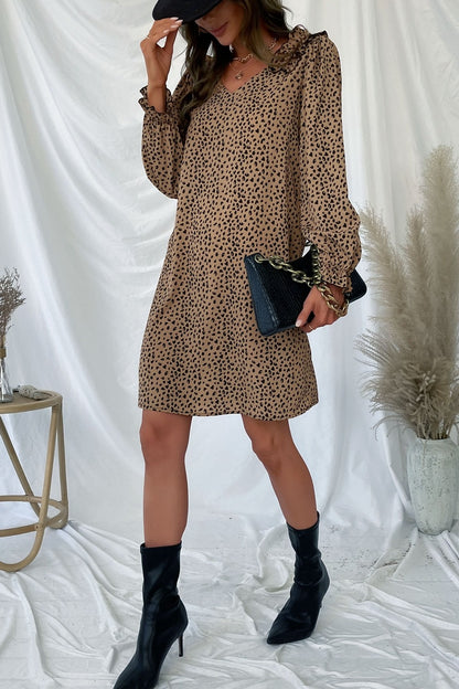 Khaki Leopard Frill Trim V-Neck Dress