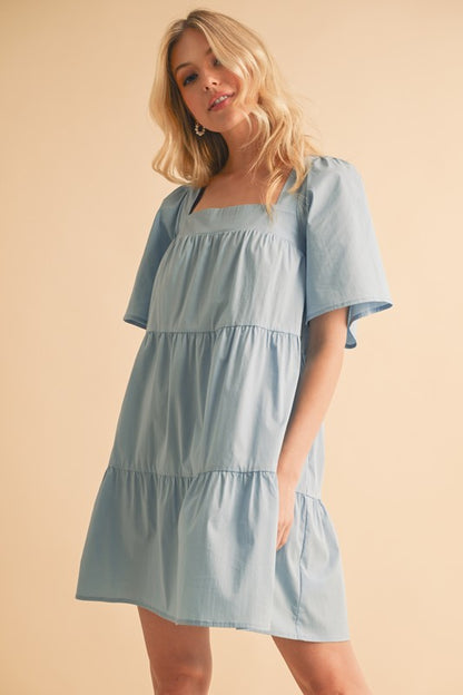 Light Blue Half Sleeve Tiered Dress - Eclectage