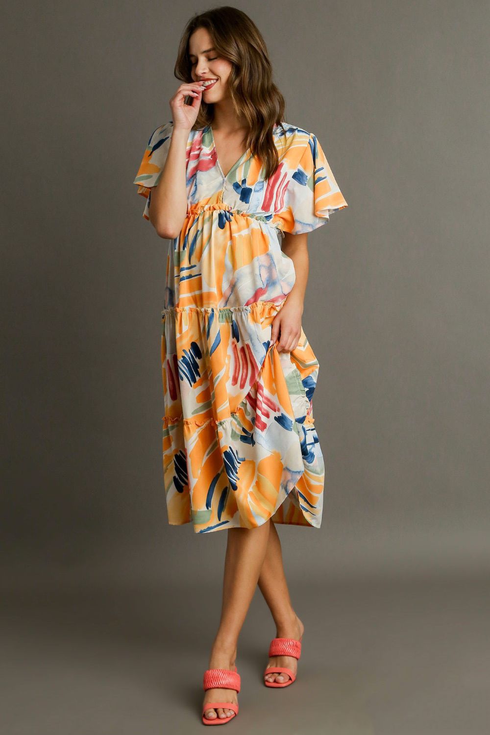 Abstract Print Frill Tiered Midi Dress - Eclectage