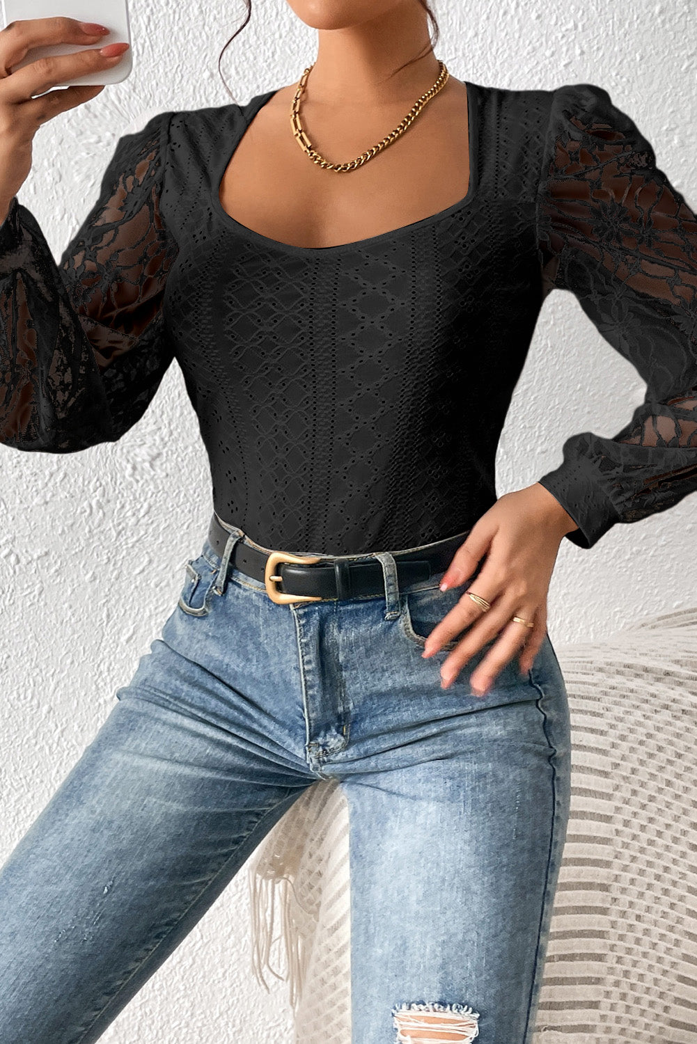 Eyelet Lace Long Sleeve Bodysuit - Eclectage