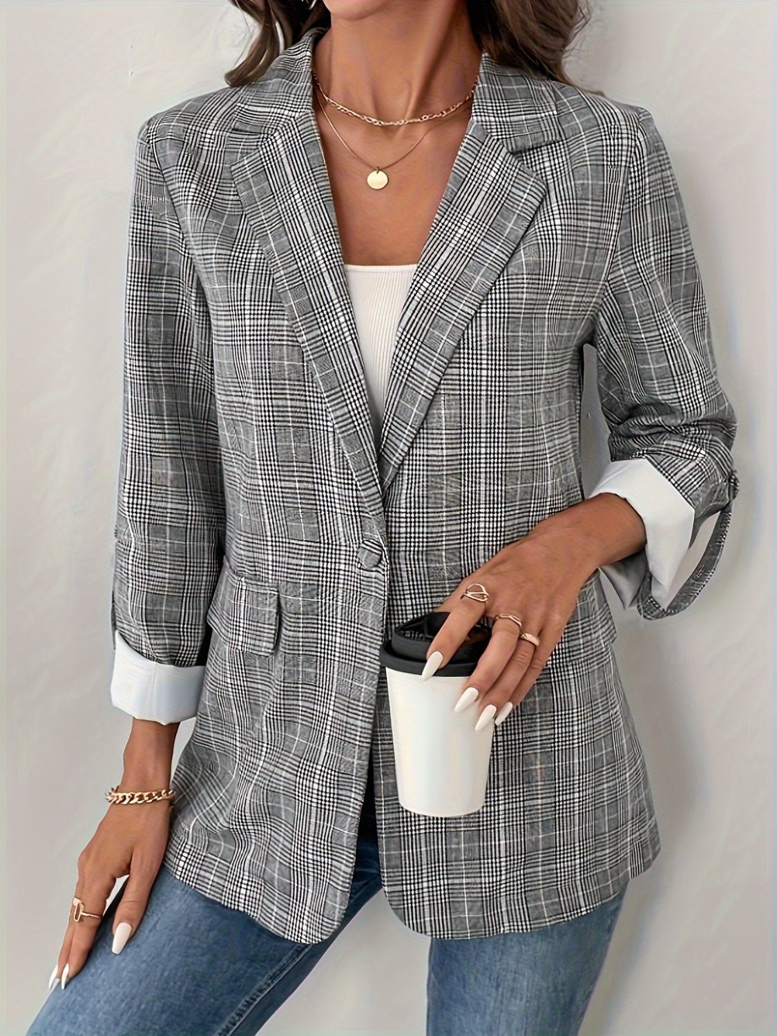 Single-Breasted Lapel Collar Plaid Blazer - Eclectage