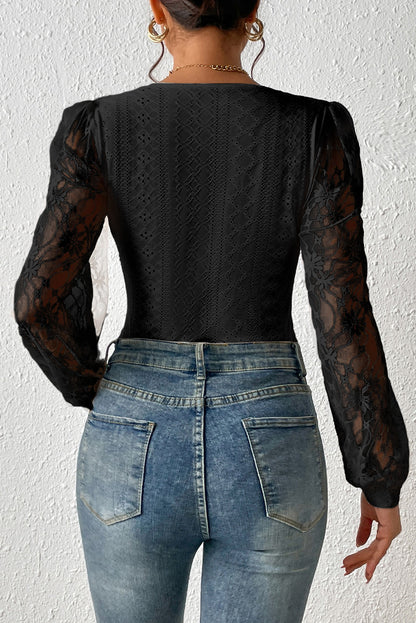 Eyelet Lace Long Sleeve Bodysuit - Eclectage