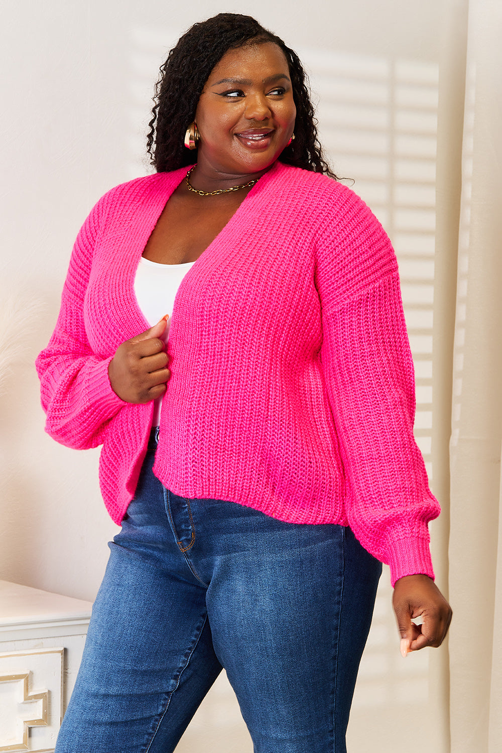 Rib-Knit Open Front Hot Pink Cardigan - Eclectage