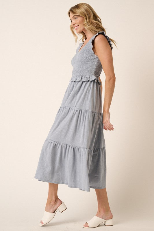 Dusty Blue Ruffled Midi Dress - Eclectage