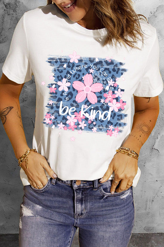 Leopard Floral Graphic Round Neck Tee - Eclectage