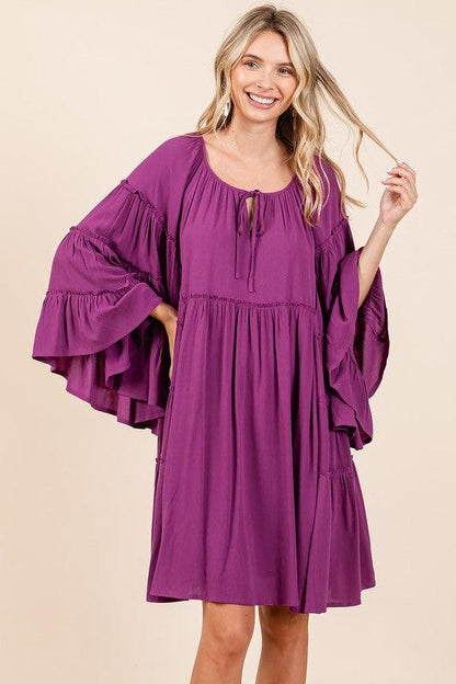 Mittoshop Frill Tie Neck Bell Sleeve Dress - Eclectage