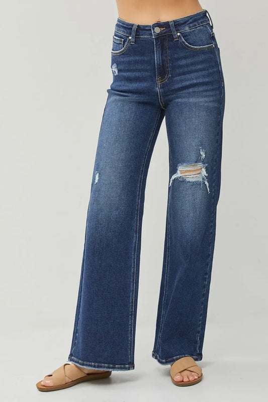 Dark Blue Distressed Wide Leg Jeans - Jeans