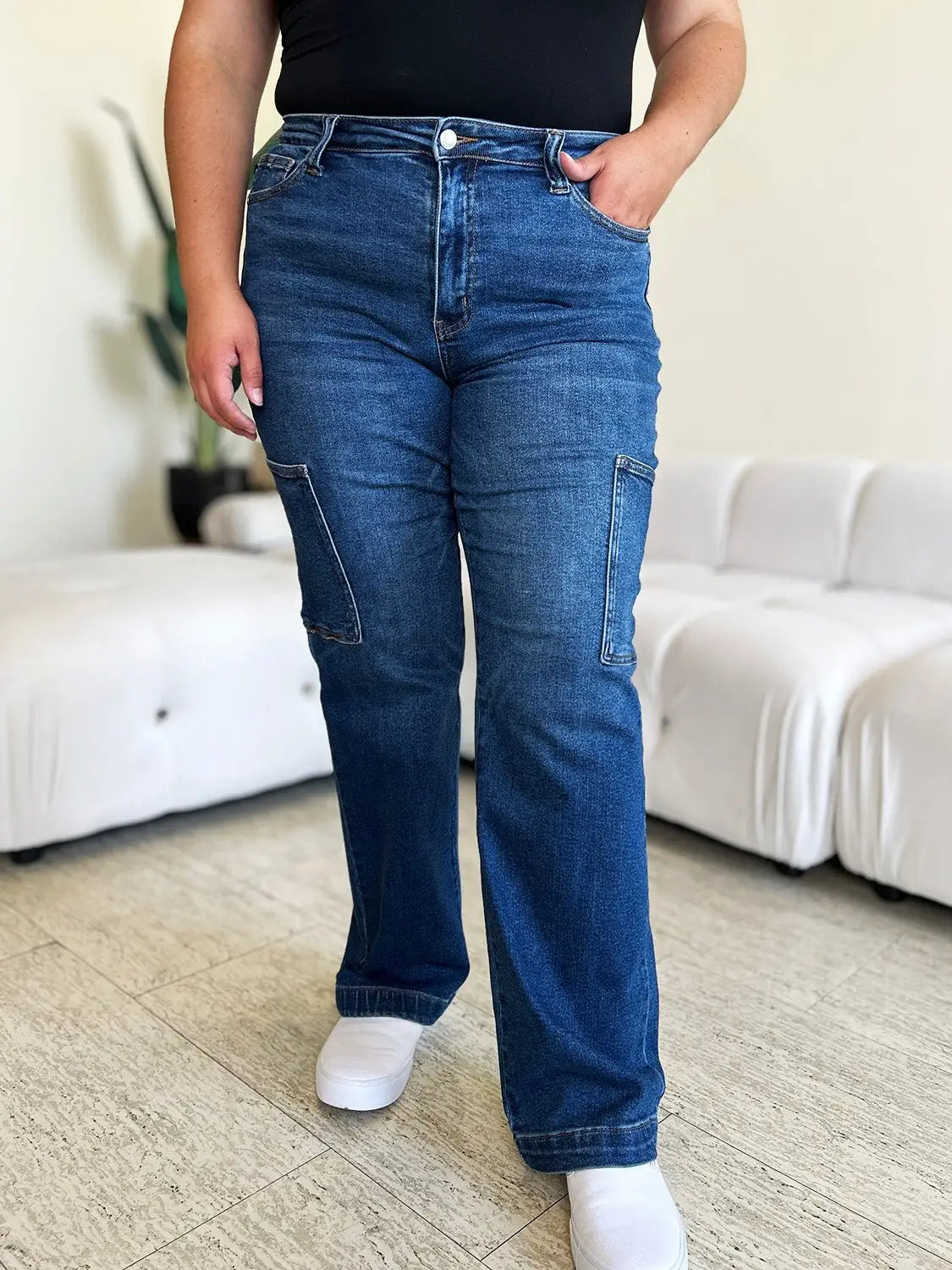 Dark Blue High Waist Cargo Jeans - Cargo Jeans