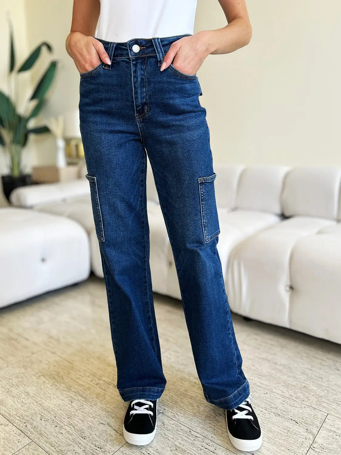 Dark Blue High Waist Cargo Jeans - Cargo Jeans