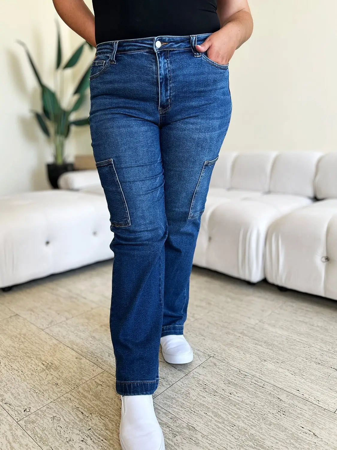 Dark Blue High Waist Cargo Jeans - Cargo Jeans