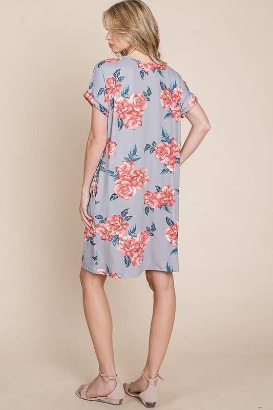 Gray Floral Short Tee Dress - Eclectage