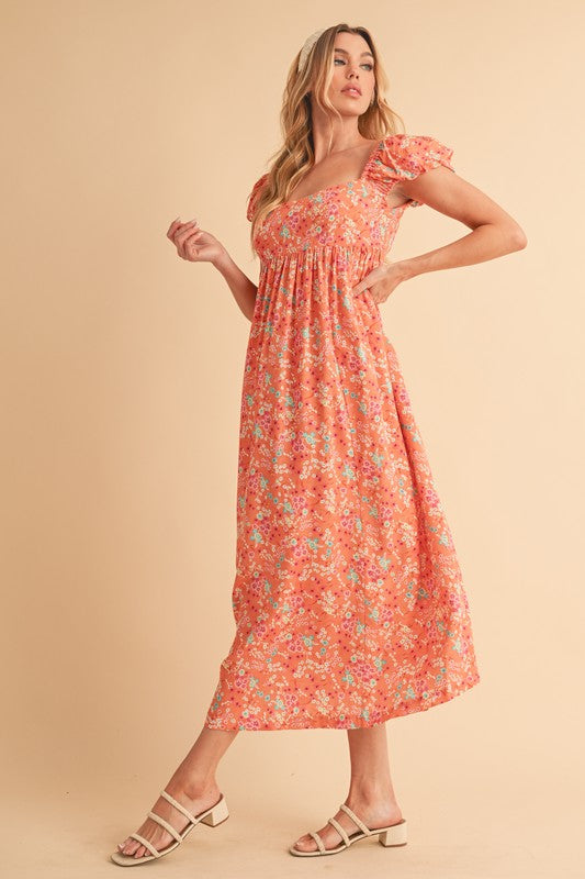 Coral Color Floral Puff Sleeve Midi Dress - Eclectage