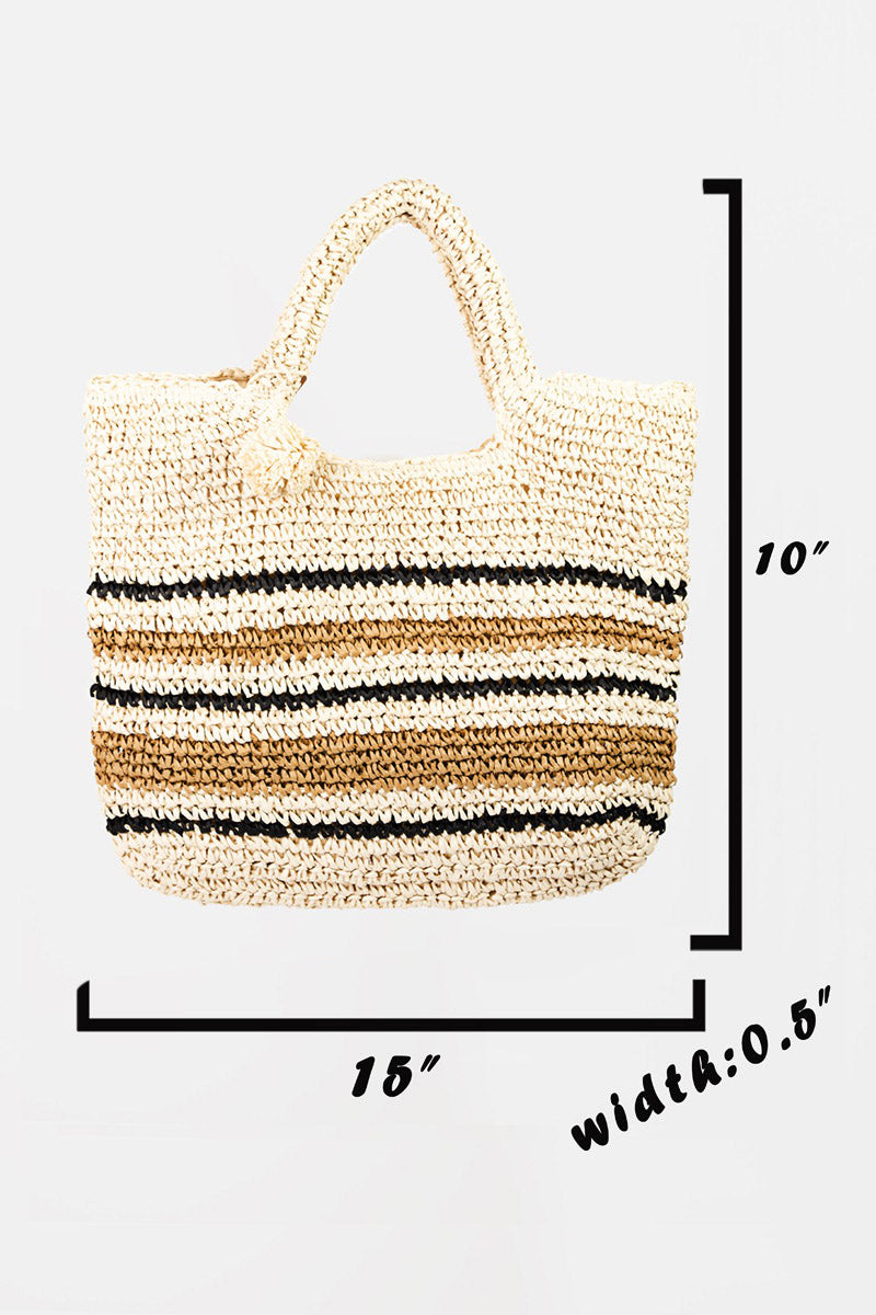 Striped Straw Braided Tote Bag - Eclectage