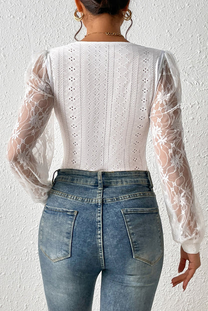 Eyelet Lace Long Sleeve Bodysuit - Eclectage