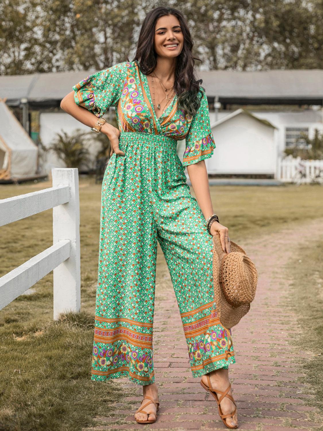 Floral Surplice Flutter Sleeve Jumpsuit - Eclectage