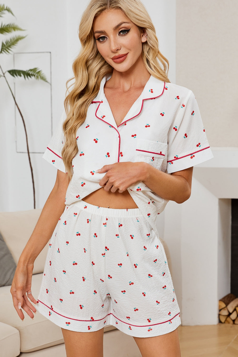 Cherry Print Top and Shorts PJ Lounge Set - Eclectage