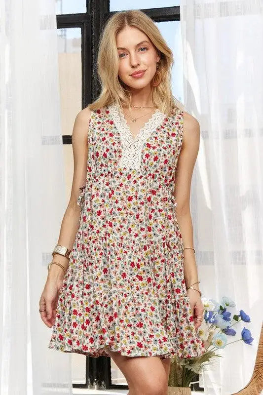 Deep Red Floral Lace Detail Sleeveless Mini Dress