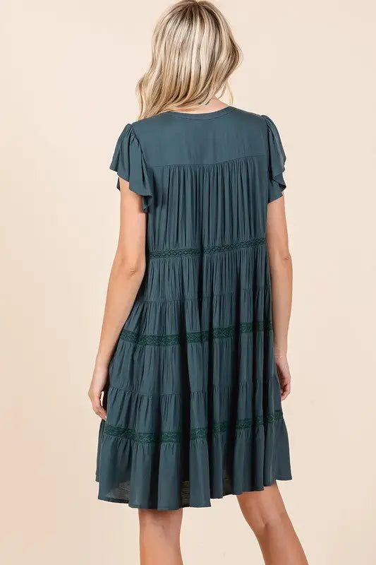 Deep Teal Lace Detail Tiered Dress - Mini Dresses