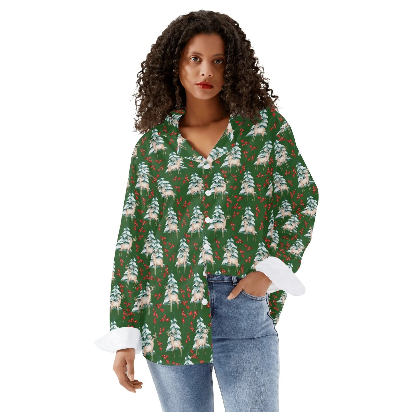 Deer Trees and Berries Blouse Womens Casual Long Sleeve Button Down Shirt Nature Lovers Top