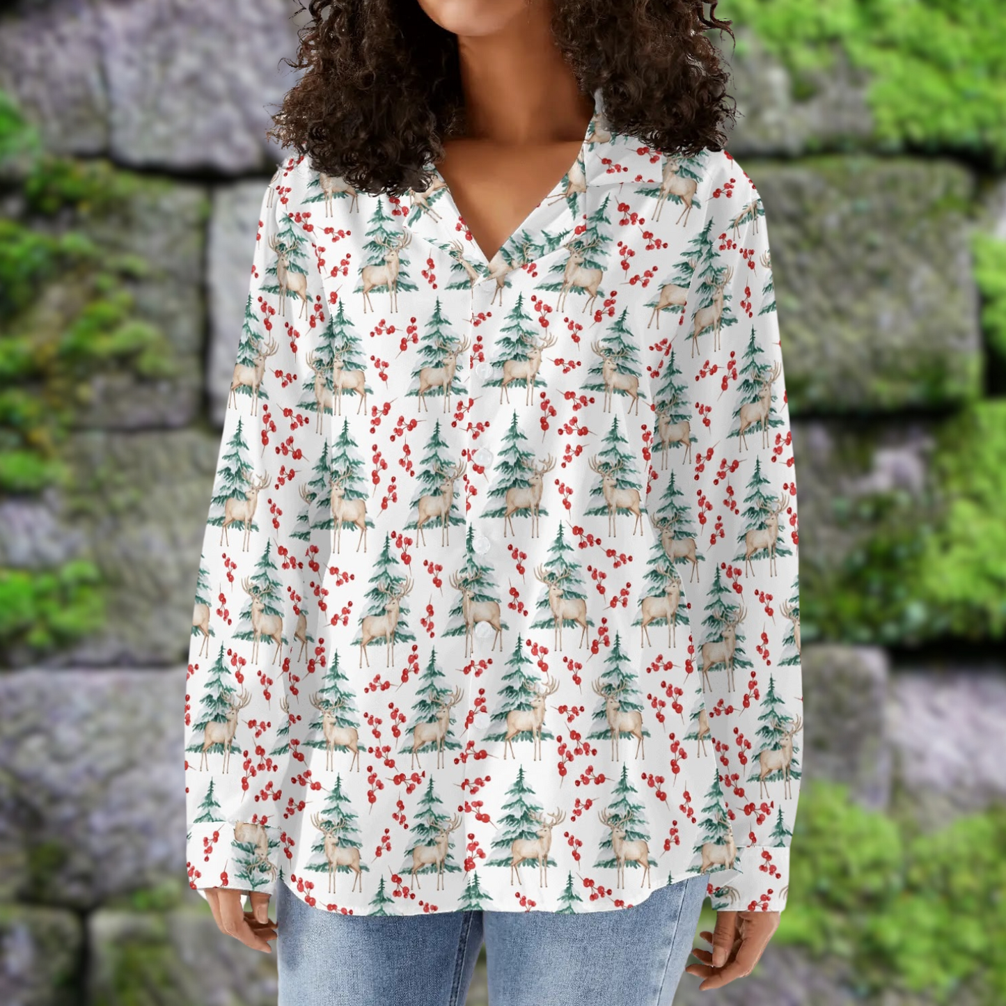 Deer Winter Button Down Blouse 3 Colors