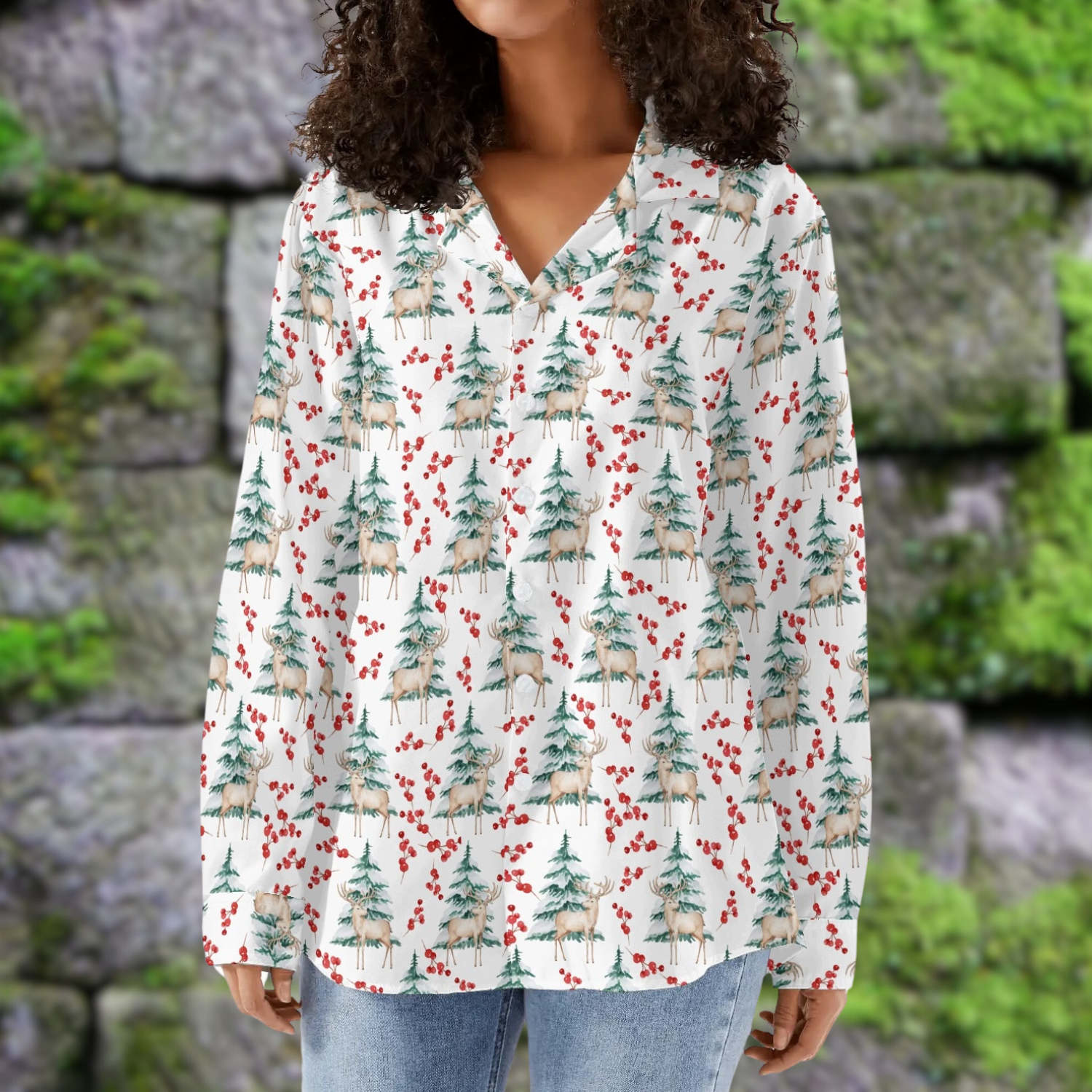 Deer Winter Button Down Blouse 3 Colors