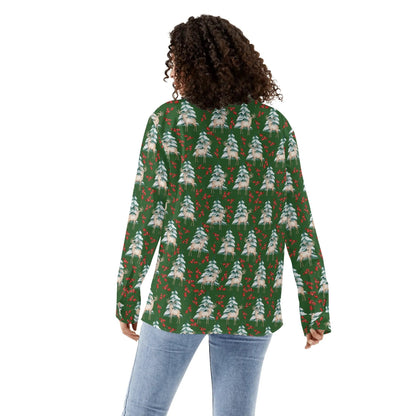 Deer Trees and Berries Blouse Womens Casual Long Sleeve Button Down Shirt Nature Lovers Top