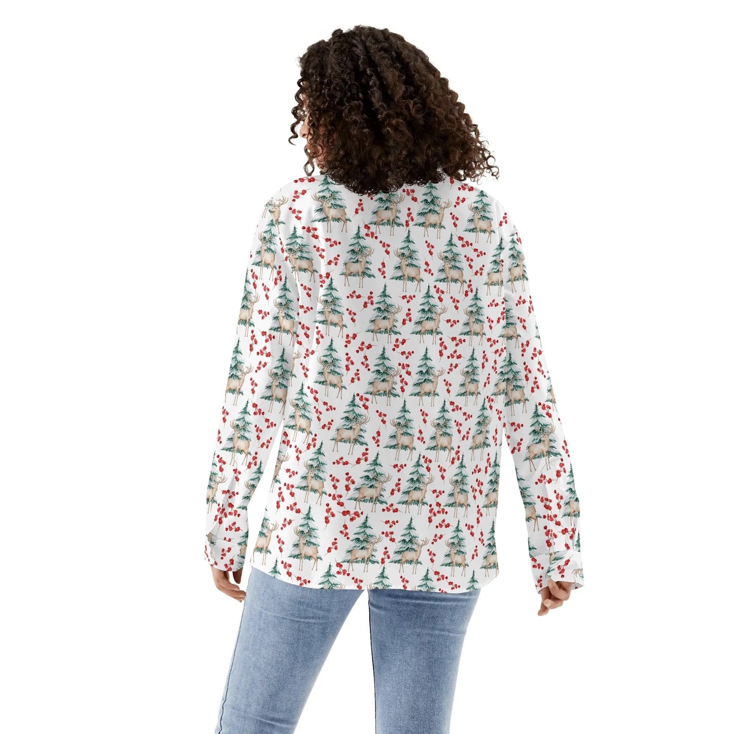 Deer Trees and Berries Blouse Womens Casual Long Sleeve Button Down Shirt Nature Lovers Top