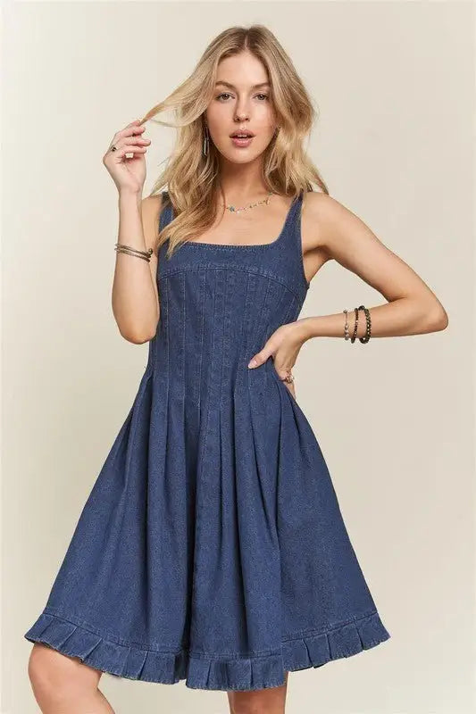 Denim Blue Smocked Back Denim Dress - Mini Dresses