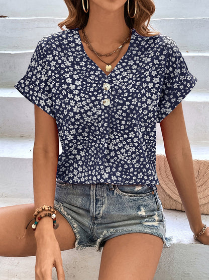 Floral V-Neck Short Sleeve Blouse - Eclectage