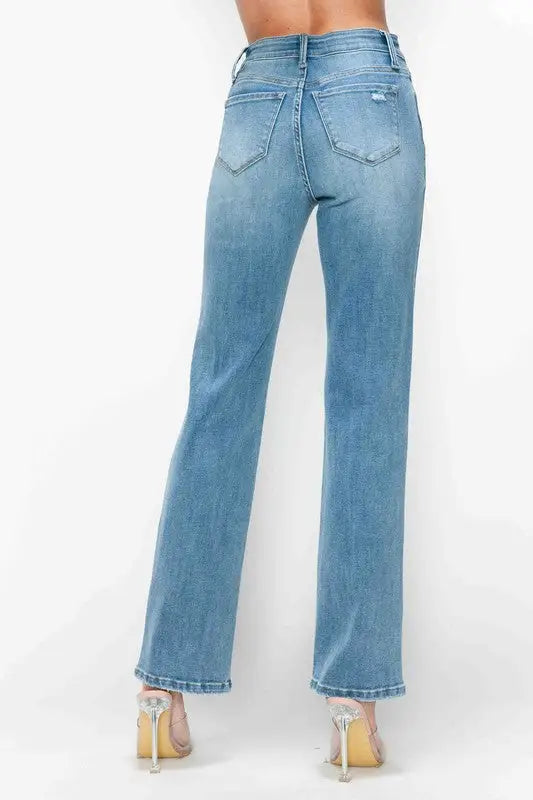 Distressed High Rise Straight Jeans - Eclectage
