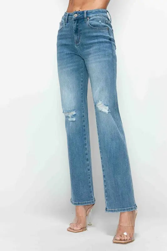 Distressed High Rise Straight Jeans - Eclectage