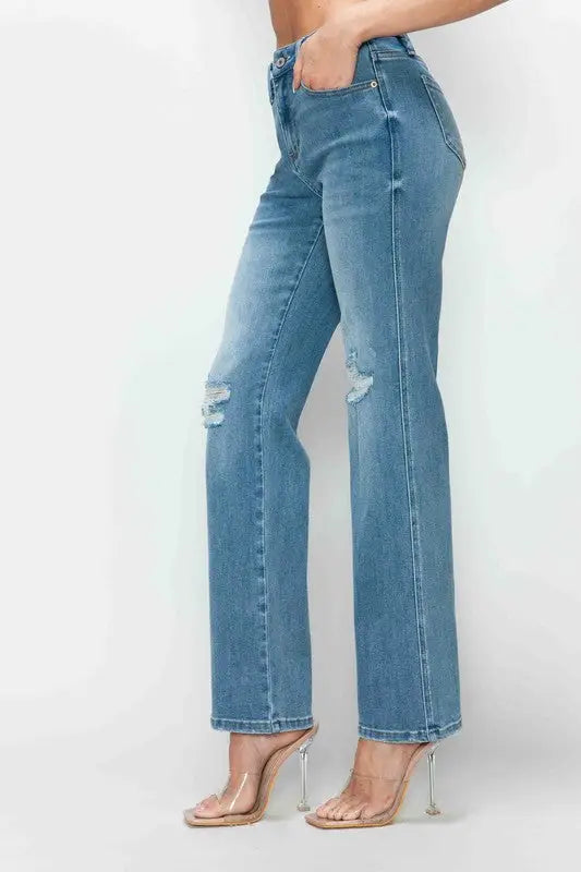 Distressed High Rise Straight Jeans - Eclectage