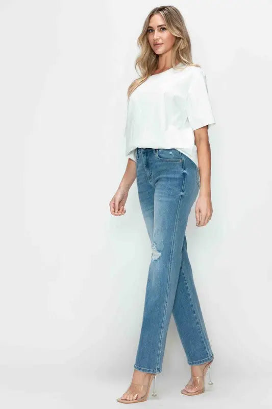 Distressed High Rise Straight Jeans - Eclectage