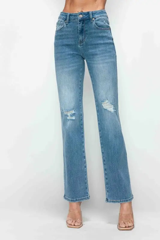 Distressed High Rise Straight Jeans - Eclectage