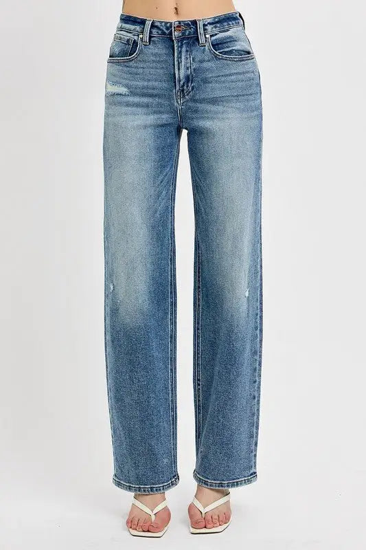 Distressed Medium Blue Wide Leg Jeans - Wide Leg Jeans