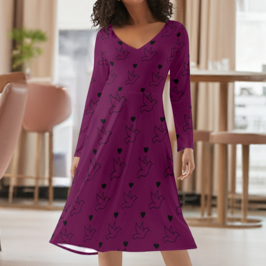 Doves and Hearts Long Sleeve Magenta Dress