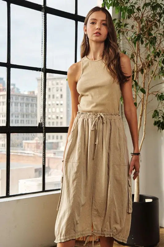 Drawstring Sleeveless Washed Dress - Eclectage